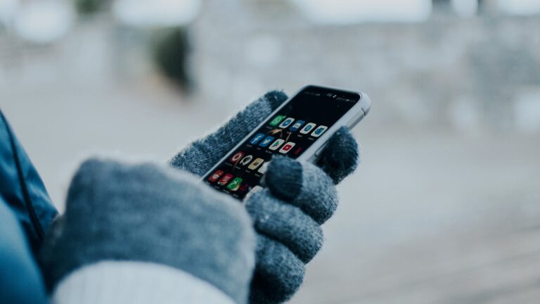 person wearing gloves holding a cellphone