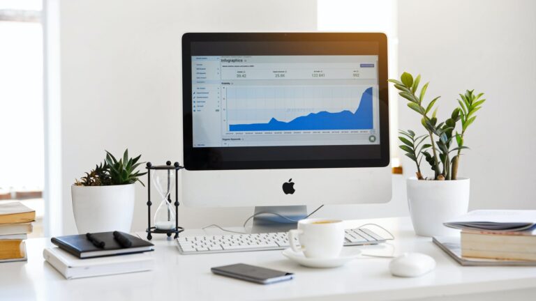 silver imac displaying line graph placed on desk