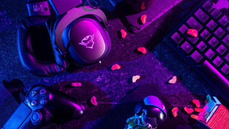 flatlay of gaming equipments