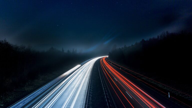 light trails on highway at night